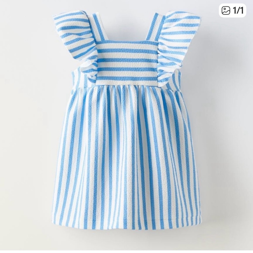 Zara Girls Blue White Stripe 4-5 Years Ruffle Shoulder Cotton Smock Dress